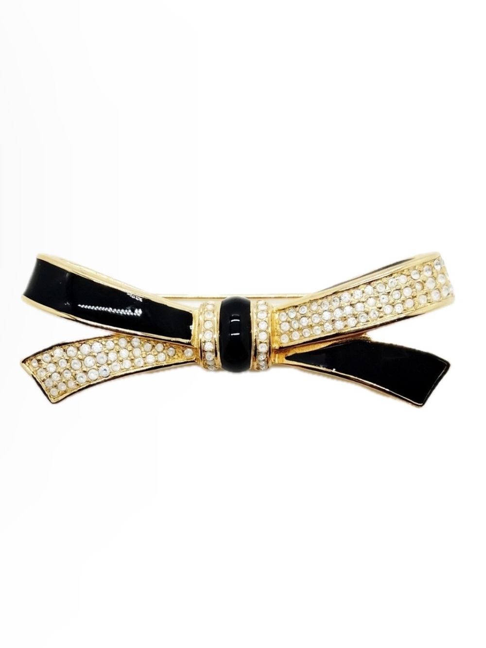 Vintage Christian Dior Black Enamel Rhinestone Bow Brooch Gold Tone